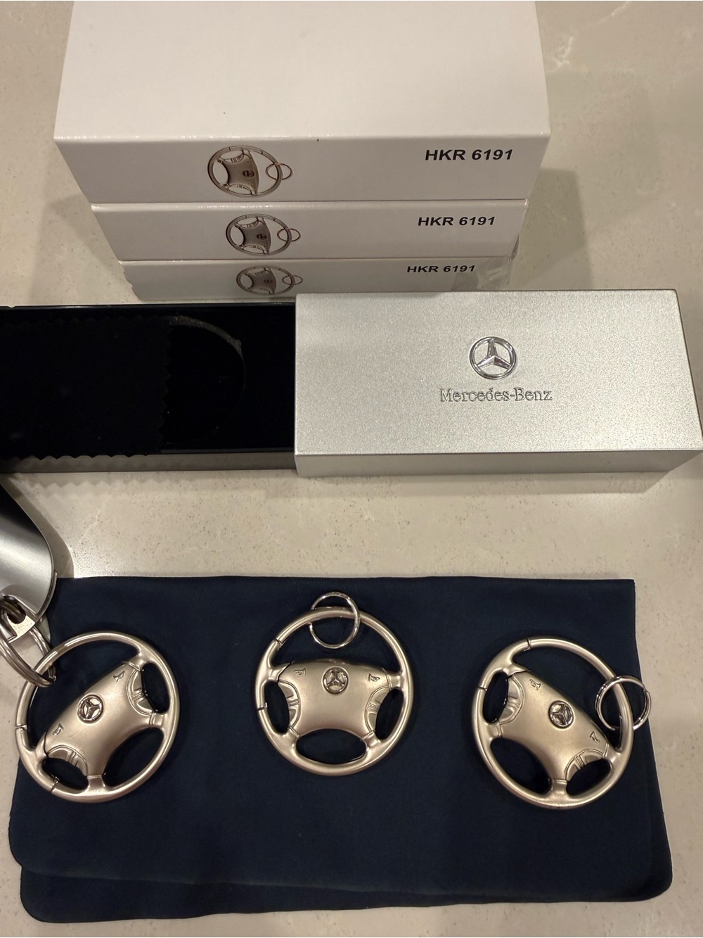 Mercedes-Benz Silver Key Fob with Steering Wheel Keychain (Set of 3)